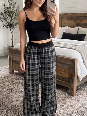 Black Plaid Wide-Leg Lounge Pants & Tank Top Set XL